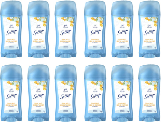 Secret Antiperspirant and Deodorant for Women, 24hr Sweat & Odor Protection, PH Balanced Protection, Gentle on Skin, Invisible Solid, Spring Breeze Scent, 2.6 oz (Pack of 12)