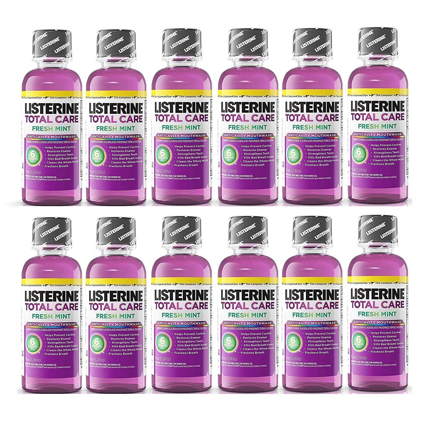 Listerine Total Care Fresh Mint Antiseptic Mouthwash, Travel Size 3.2 Ounces (95ml) - Pack of 12