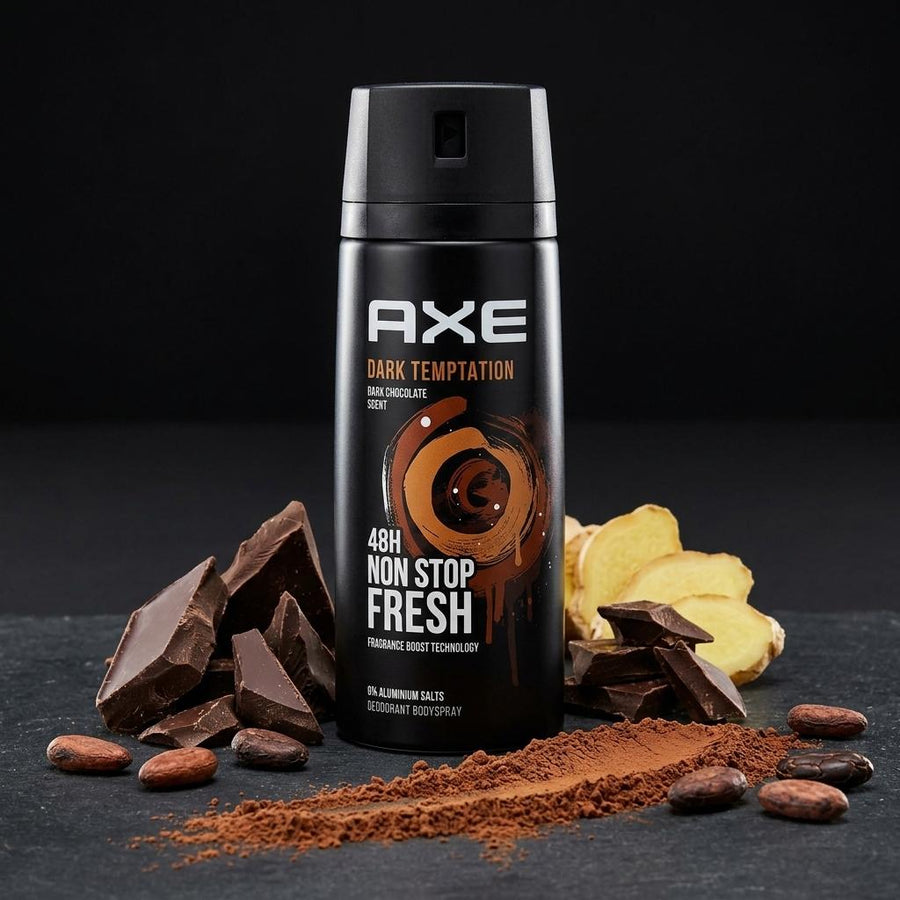 AXE Dark Temptation Aluminium-Free Deodorant Body Spray Can (5oz/150ml) - Dark Chocolate Cocoa Scent, 48H Freshness, Daily Wear Personal Care Product, Dark Cocoa