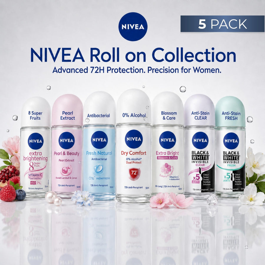 NIVEA Women's Roll-On Deodorant 5-Pack, Multi-Pack Under Arm Deodorant with Assorted Fragrance and Extra Brightening Formula, 50mL Each, Smooth, Pearl, Deodorant Gift