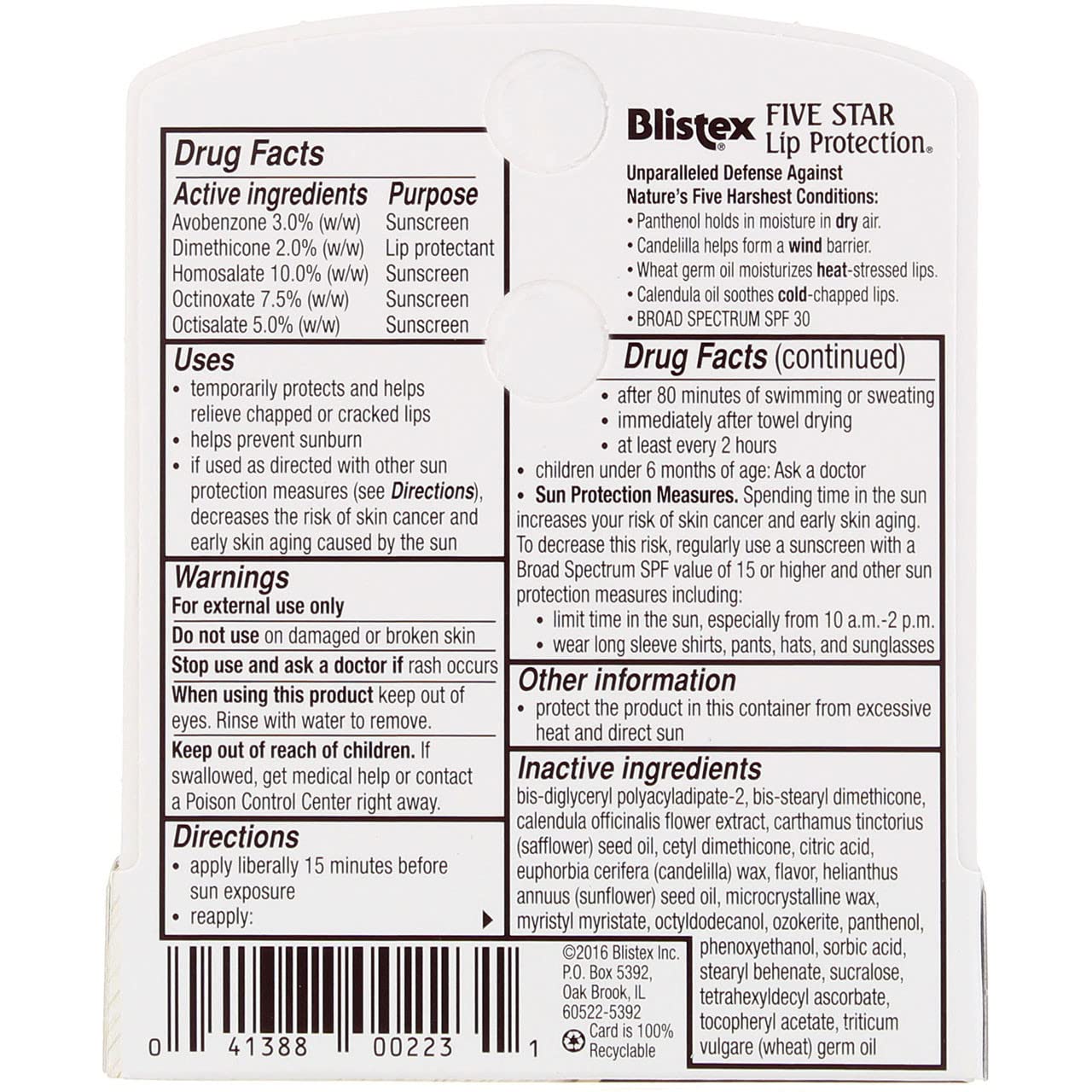 Blistex Five Star Lip Protection SPF 30 0.15 oz Pack of