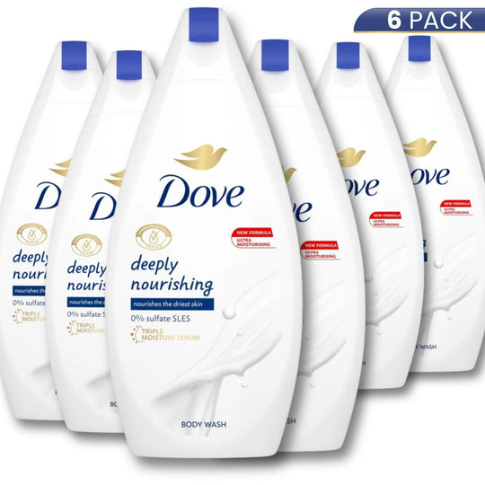 Dove Deeply Nourishing Body Wash (Hydrating Shower Gel) - 1/4 Moisturizing Cream, Glycerin Base, 15.2 oz/450 ml 6-Pack, Gentle for Everyday Use, Soft in 1 Shower, Moisture Boost, Daily Body Care Cleanser, 450Ml
