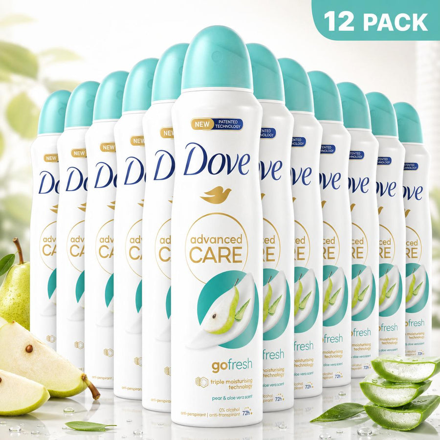 Dove Women’s Go Fresh Pear & Aloe Deodorant 12 Pack Bulk (5oz/150ml) 72HR Protection 1/4 Moisturizing Cream Scented Antiperspirant Spray, Advanced Care, Sensitive Skin, Body Care, Refreshing Alcohol Free, Underarm Daily Evening Fragrance Aroma Cleanser
