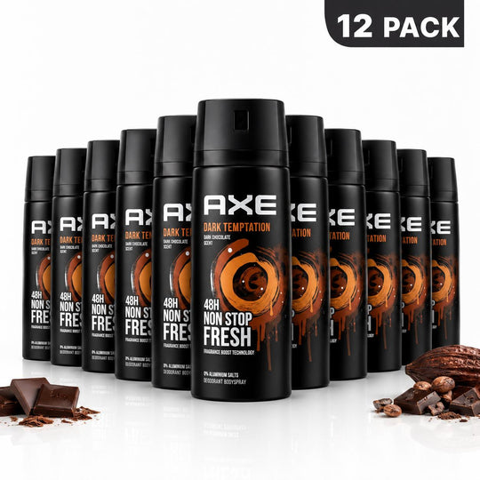 AXE Dark Temptation Scented Deodorant Body Spray 12 Pack Bulk (5oz/150ml) - Dark Chocolate Cocoa Aroma, Aluminum Free 48H Non-Stop Fresh Body Care Products for Office Use, Male Body Deodorizer Body Odor Remover Fragrance