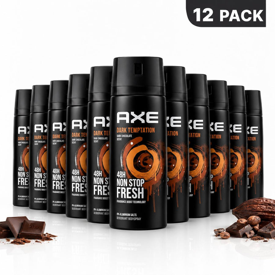 AXE Dark Temptation Scented Deodorant Body Spray 12 Pack Bulk (5oz/150ml) - Dark Chocolate Cocoa Aroma, Aluminum Free 48H Non-Stop Fresh Body Care Products for Office Use, Male Body Deodorizer Body Odor Remover Fragrance