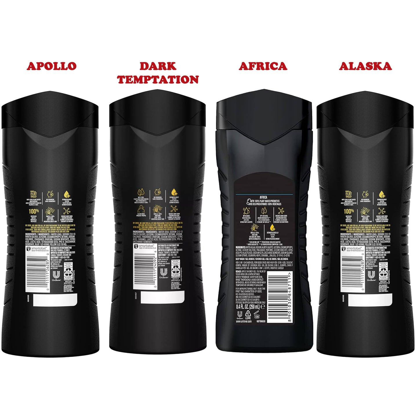 AXE Men's Body Wash Variety Set, 4 Pack, Assorted Scents, 3-in-1 Body, Face and Hair Wash, 13.5 Oz. Each