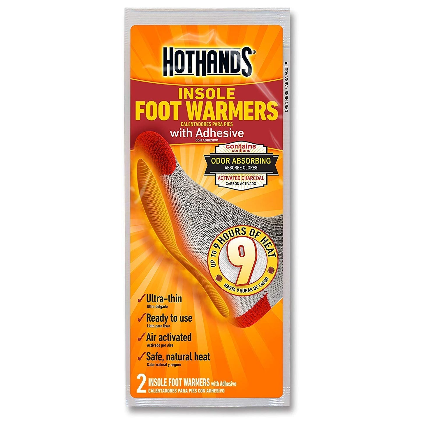 HotHands Insole Foot Warmers With Adhesive - Long Lasting Safe Natural Odorless Air Activated Warmers - Up to 9 Hours of Heat (3-Pack)