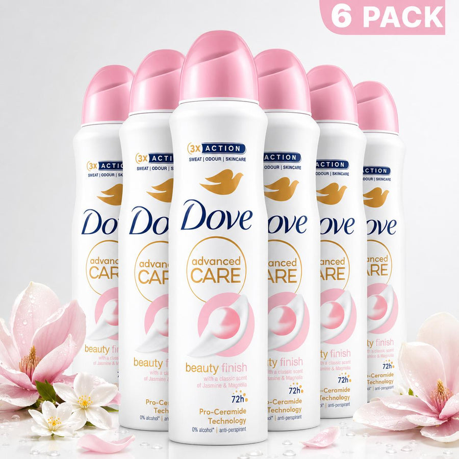 Dove Advanced Care Beauty Finish Women’s Deodorant Spray 6 Pack (5oz / 150ml) 1/4 Moisturizing Cream 72H Anti-Perspirant Protection with Pro-Ceramide Technology