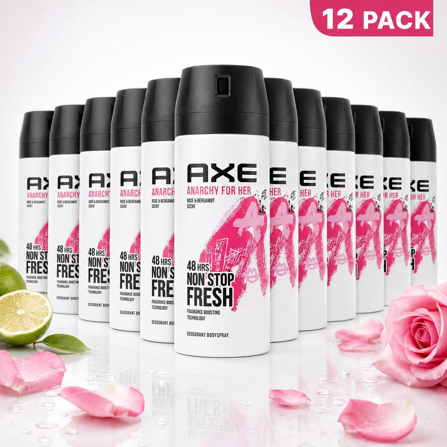 AXE Women's Anarchy For Her Deodorant Body Spray Bulk 12-Pack (5oz/150ml) - Rose & Citrus Bergamot Floral Scent, 48-Hour Freshness, Fragrance Boosting Technology, Teen Daily Personal Care