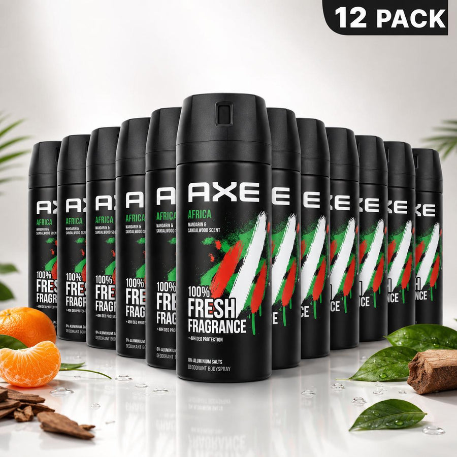 AXE Africa Deodorant Body Spray for Men 12 Pack Bulk - 48H Odor Protection, Aluminum-Free Daily Aerosol, Mandarin & Sandalwood Scent, 5 oz,  Body Deodorizer Body Odor Remover Fragrance Body Care Cosmetic