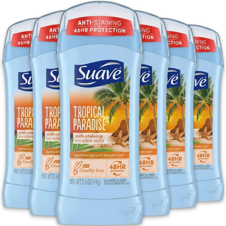 Suave Tropical Paradise Women's Antiperspirant Deodorant Stick - 1-12 Pack (2.6oz/74g) Invisible Solid, Cruelty Free, 48hr Sweat Guard, Long-Lasting Protection, Anti-Staining, Scented, Sun Protection, Safe for Clothes, Daily Underarm Care Summer Essential