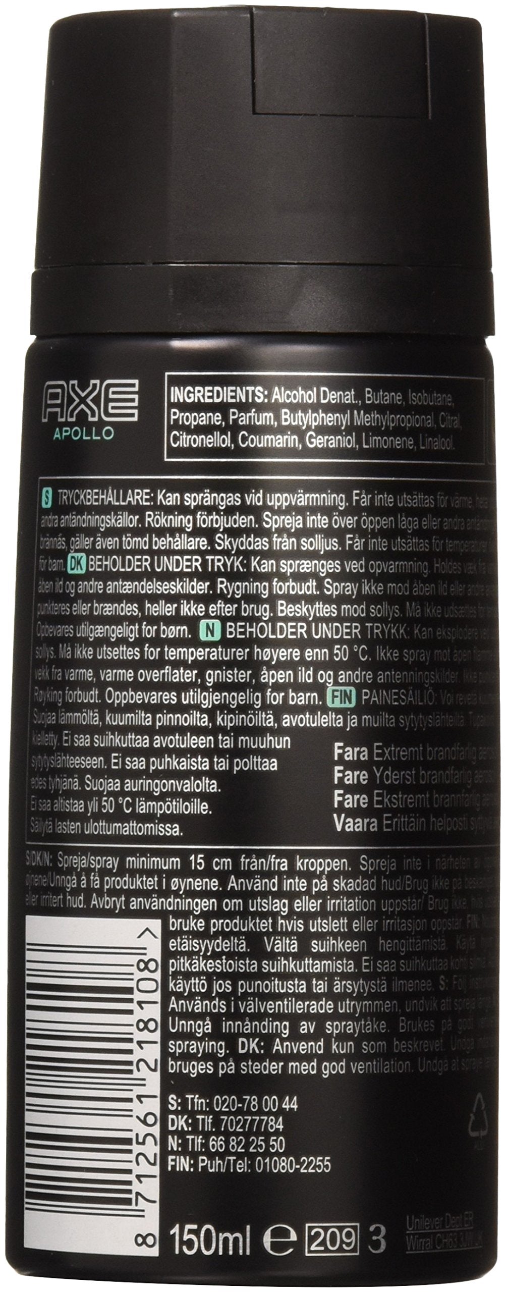 AXE Body Spray Deodorant Apollo 150 Ml / 5.07 FL Oz (Pack of 6)