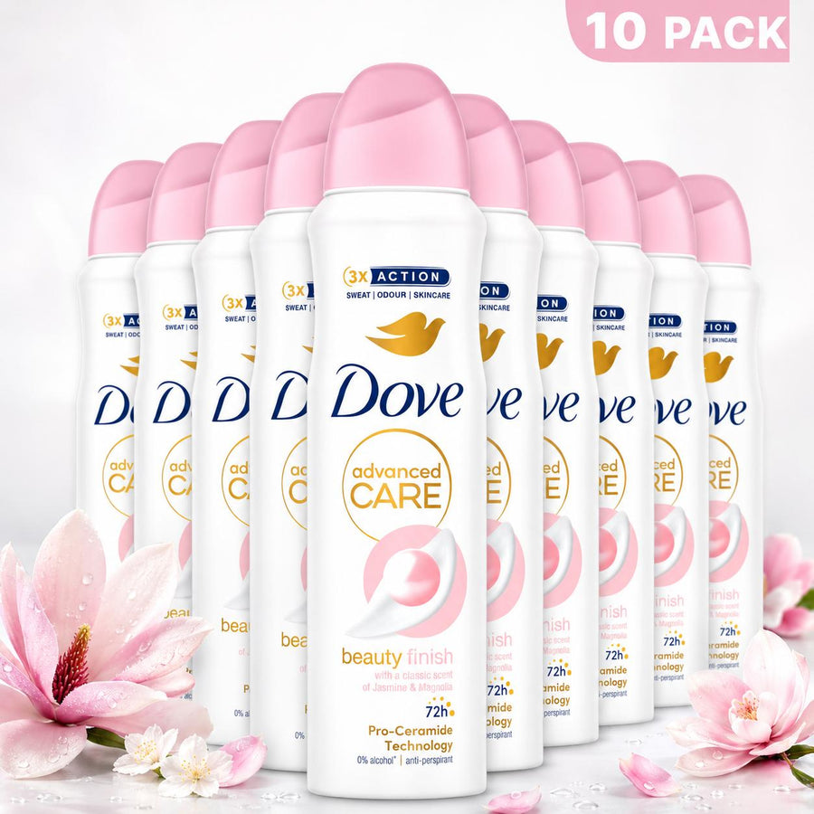 Dove Advanced Care Beauty Finish Anti-Perspirant Deodorant Spray for Female, 72H Protection, Pro-Ceramide, Moisturizing, Magnolia Fragrance, Smooth & Sensitive Skin, Workouts Use, 10 Pack of 5oz Cans, Body Care Restore Daily