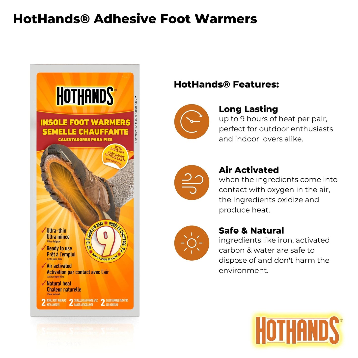 HotHands Insole Foot Warmers - Long Lasting Safe Natural Odorless Air Activated Warmers - Up to 9 Hours of Heat - 16 Pair, Black