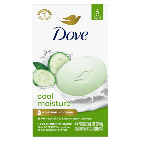 Dove Beauty Bar for Dry Skin, Cool Moisture with Cucumber & Green Tea Aroma, Gentle Cleansing Body Wash, 6 Multi-Pack Bars (3.2oz), Hydrating, Bar Soap Bulk