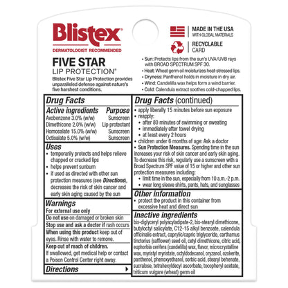 Blistex Five Star Lip Protection SPF 30 0.15 oz Pack of