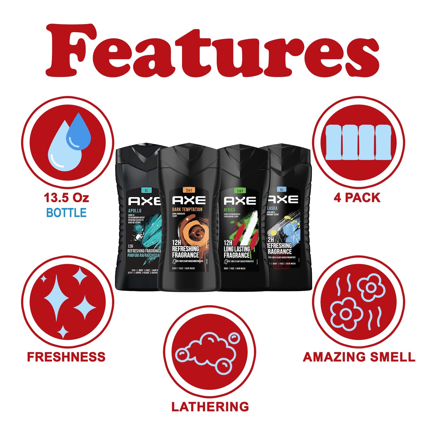 AXE Men's Body Wash Variety Set, 4 Pack, Assorted Scents, 3-in-1 Body, Face and Hair Wash, 13.5 Oz. Each