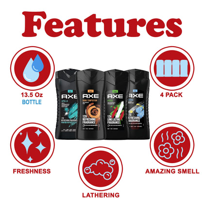 AXE Men's Body Wash Variety Set, 4 Pack, Assorted Scents, 3-in-1 Body, Face and Hair Wash, 13.5 Oz. Each