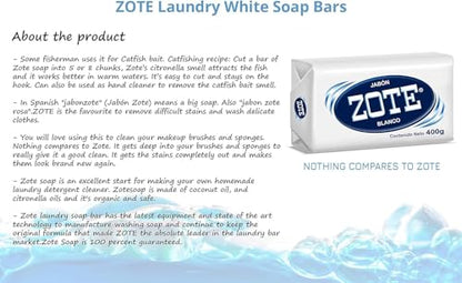 (PACK OF 3 BARS) Zote WHITE Laundry Bar Soap, with Even MORE Whitening Power & Satin Remover. Light Fresh Scent! Safe for delicate clothes! (3 Bars, 14.1oz Each Bar)