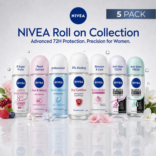 NIVEA Women's Roll-On Deodorant 5-Pack, Multi-Pack Under Arm Deodorant with Assorted Fragrance and Extra Brightening Formula, 50mL Each, Smooth, Pearl, Deodorant Gift