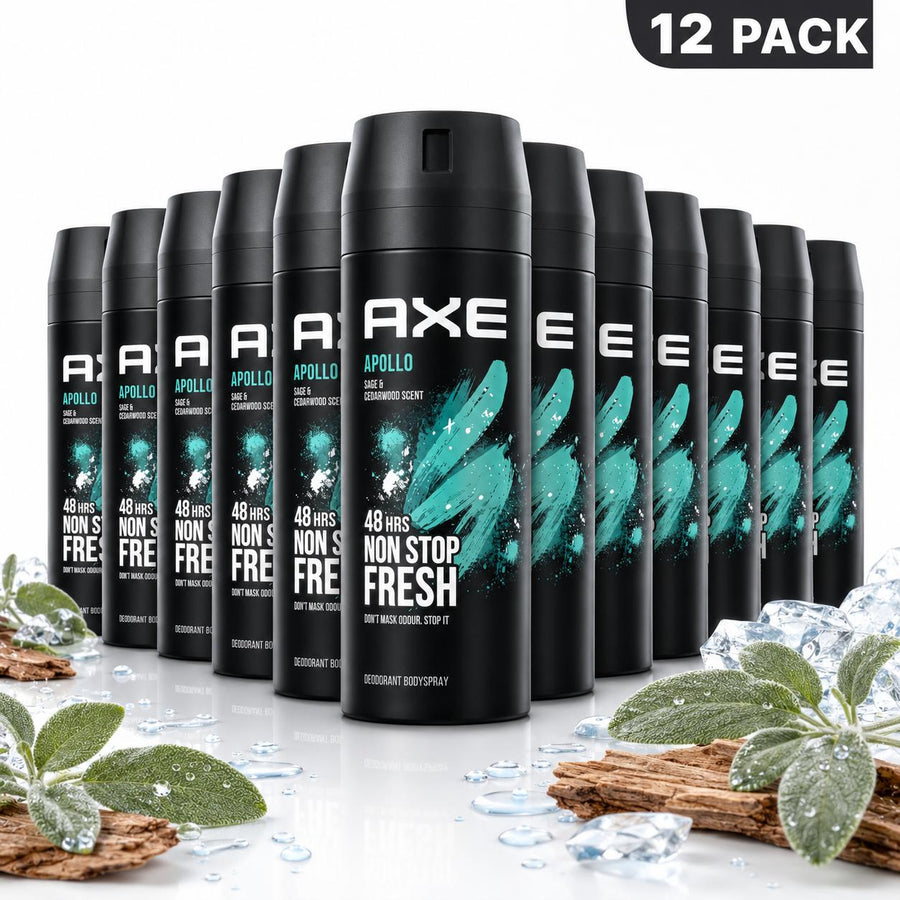 AXE Apollo Herbal Scent Body Spray Deodorant 12 Pack Bulk (5oz/150ml) - Sage & Cedarwood Daily Fragrance, 48-Hour Odor Control, Male Athlete & Teenager Body Care Body Deodorizer Cosmetic Aroma