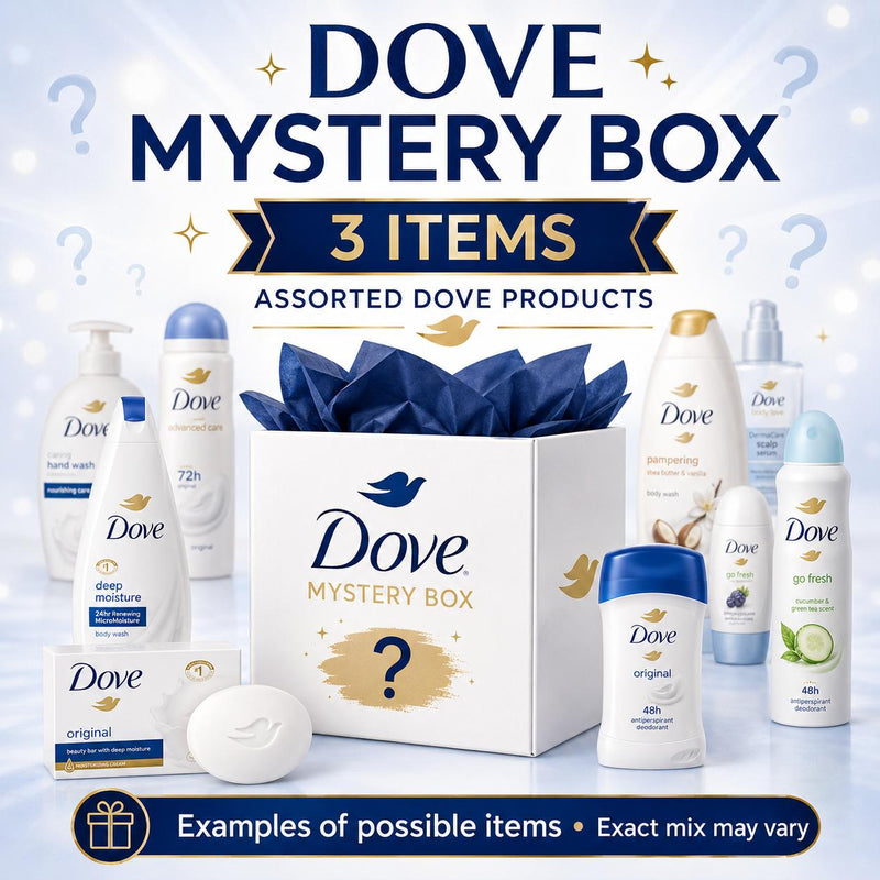 Dove Mystery Box 3 Items, Assorted Dove Personal Care Products, Mixed Scents & Item Types May Vary, Deodorant, Body Care Cleansing Cosmetic Skin Repair Scented Cleanser, Self Care Bundle Box