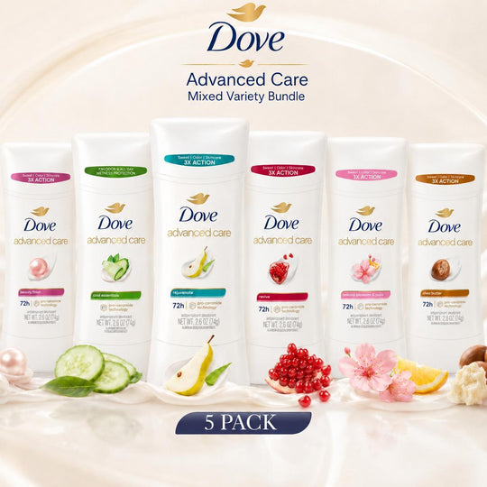 Dove Advanced Care Stick Deo 5-Pack Multi-Pack for Women, 2.6oz (74g) Antiperspirant with Assorted Scents, Shea, Revive, Smooth Formula, Aluminum Zirconium Tetrachlorohydrex Gly (15.2%), Body Care Gift